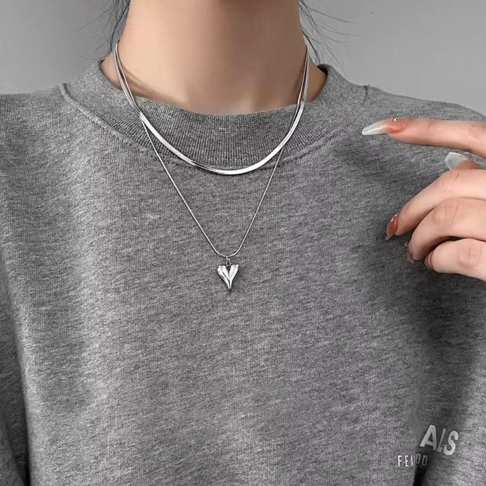 Charm Stainless Steel Double Layer Peach Heart Pendant Necklace Jewelry for Women Cute Cool Clavicle Chain Aesthetic Y2K Jewelry