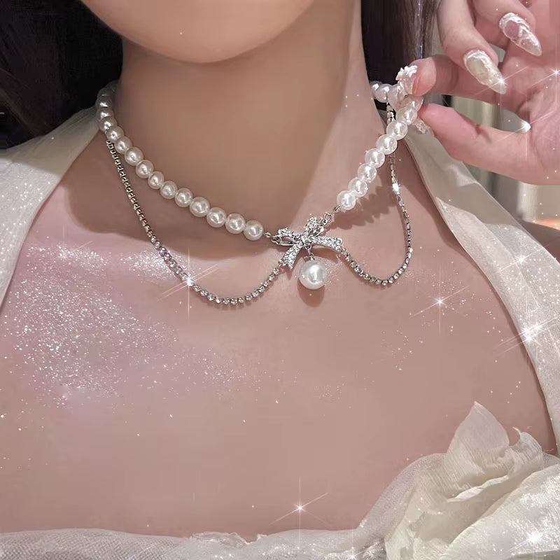 Pearly Bow Chain Necklace